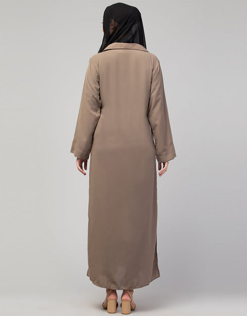 Muslimah Abaya with a coat-style collar and buttoned front In the Color Khaki